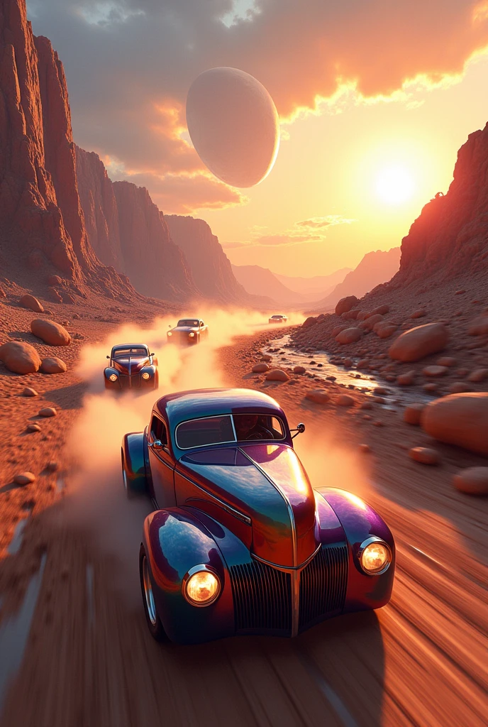 Hot rod race (3Hotrod, orange, blue, pink) on an alien planet in the twilight of a rising sun, dynamic drifting,, dusty, mountains, rivers, stones, on the horizon a ring planet rises, view towards the rising sun, lens flare, against light,