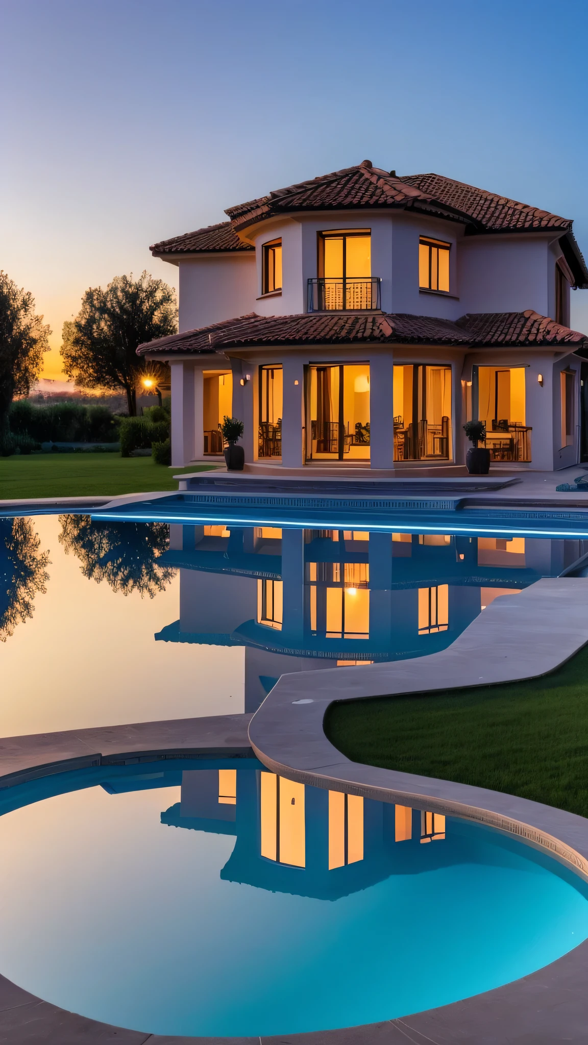 High resolution,Lens reflection, masterpiece, best quality, detailed, multi-storey old villa at sunset in the clouds with several pools