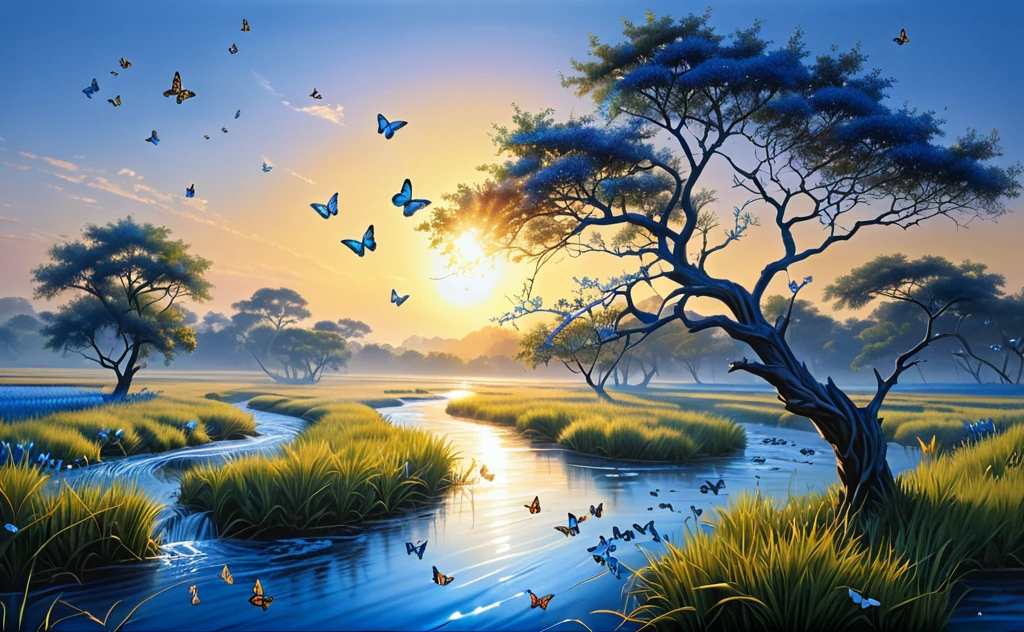 Beautiful hyper-realistic and super detailed masterpiece, which shows a mysterious river, several butterflies flying in blue color, like a tree on the right like the branches over the view, grass field on the left, with the sunset sun, negative human construction human image