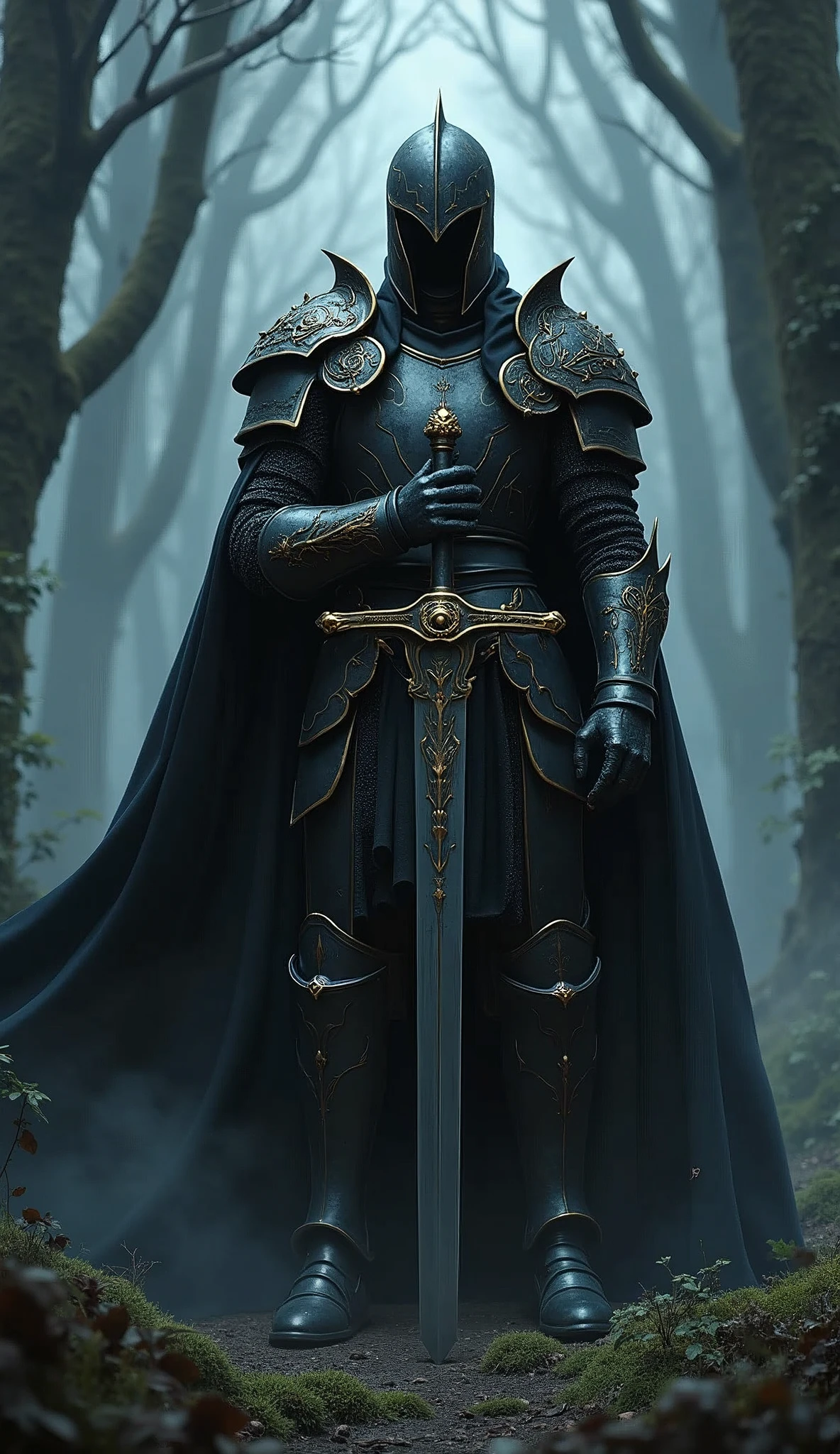 Black Knight,Knight in black armor,Stab the two-handed sword into the ground,Hold the hilt of the sword with both hands,Black Cape,Otherworldly Armor,Gold color line,Night Forest,fog,Cloak fluttering in the wind,Wear a black robe over your armor
