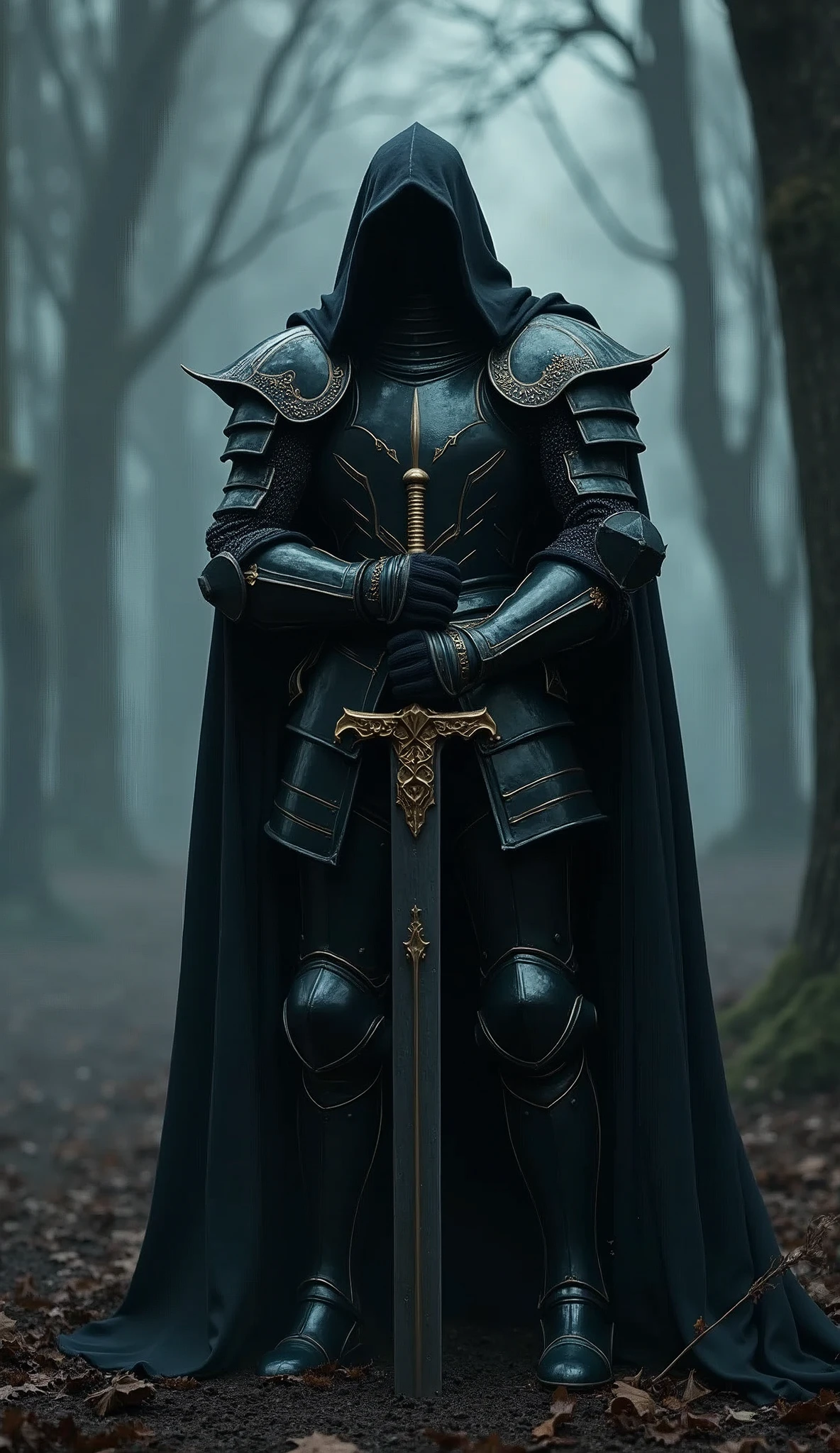 Black Knight,Knight in black armor,Stab the two-handed sword into the ground,Hold the hilt of the sword with both hands,Black Cape,Otherworldly Armor,Gold color line,Night Forest,fog,Cloak fluttering in the wind,(Wear a black robe over your armor)