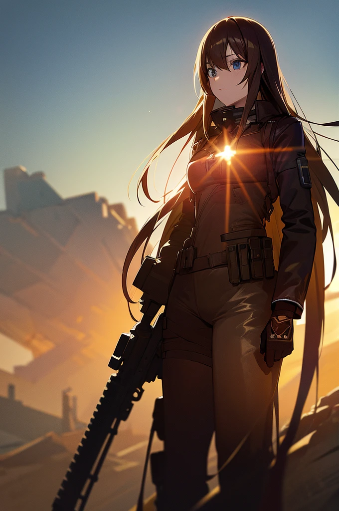 In the spotlight, holding_gun, assault_rifle, Very detailed, Brown Hair, Long Hair, Anime Style, whole body, alone, Stylish Gunfighter Girl, Holding a steampunk long barrel pistol,Standing in the wasteland, 8K high resolution, White Background, The background is a dark and desolate landscape, Horror movie atmosphere. Her figure is very beautiful, Emphasizing the dark and crazy elements. Skillfully expressing the effects of light and shadow, Anime girls with guns and rifles, from Girls&#39; Frontline, mechanized soldier girl, Girls&#39; Frontline style