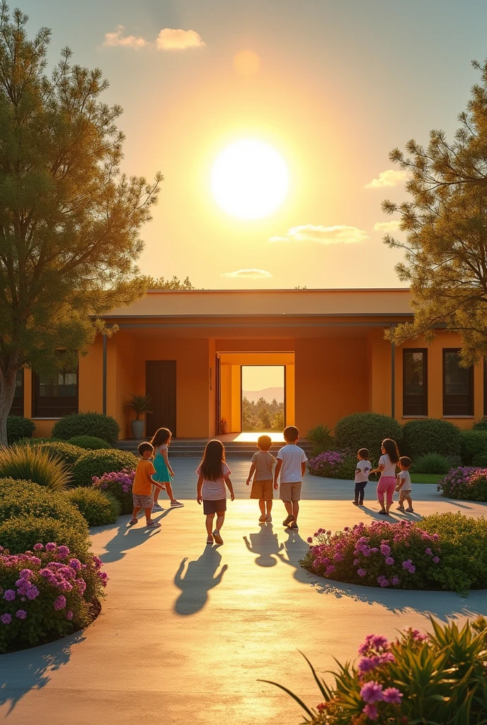 Create an image of a sun illuminating the Ruben Darios school with a beautiful garden at the entrance and children playing on the court..