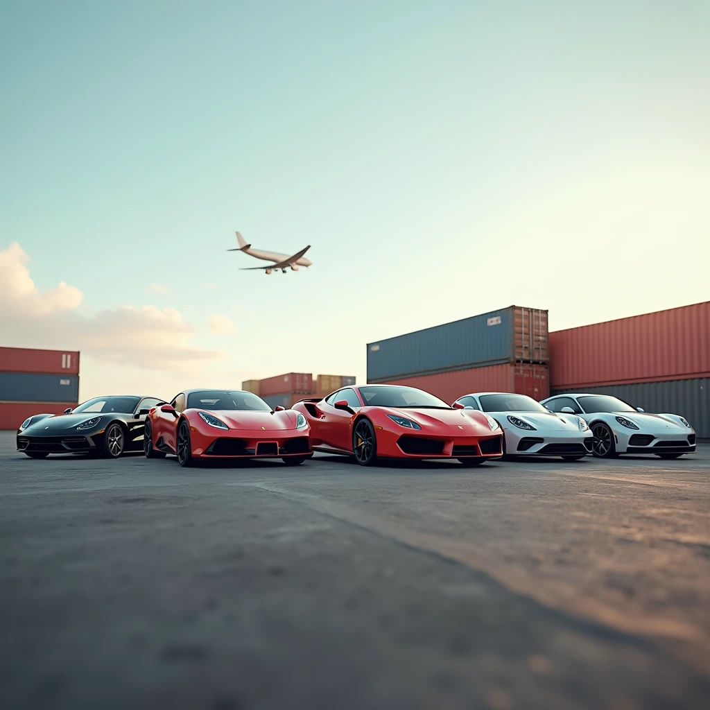 Hyper realistic image of five different type of cars parked side by side viewed from afar on ground level, cargo shipment behind them and one plane flying overhead