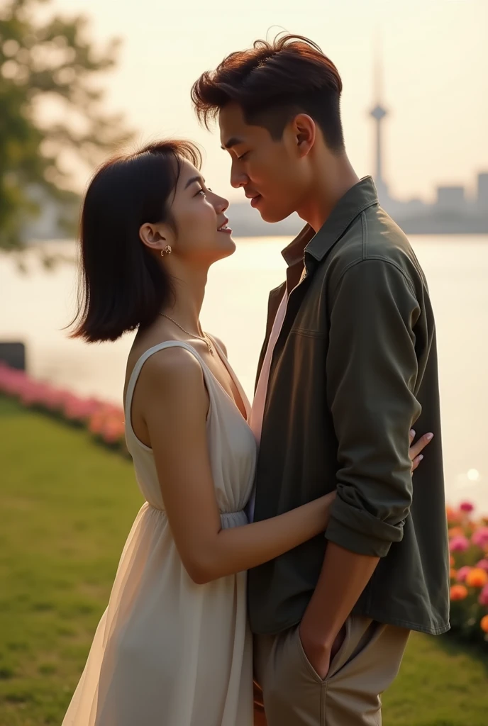 To capture the spirit of the image you've shared but set in Yamashita Park, I'll focus on these key elements: Natural and Intimate Poses: The couple is close, with a similar gentle connection and warm expressions, as they share a quiet, intimate moment together. Full body Casual yet Elegant Fashion: The couple will wear stylish, modern attire with a relaxed feel—perhaps the woman in a light, flowy dress and the man in a casual jacket and trousers, reflecting both comfort and sophistication. Soft, Golden Lighting: The scene will feature warm, golden hour lighting, soft sunlight, casting a romantic glow over the couple and the surroundings. Yamashita Park Setting: The background will include iconic features of Yamashita Park, such as the waterfront with views of Yokohama Bay, lush greenery, blooming flower beds, and perhaps a glimpse of the Marine Tower. The park’s natural beauty will enhance the peaceful and romantic atmosphere. The first person in the photo, a woman, has: 158cm high, 47kg. skinny fat. Hair: Short, dark hair that is straight and neatly styled just above the shoulders. Face Shape: A smooth, slightly rounded face with soft features. Eyes: Medium-sized eyes with a calm, neutral expression. Complexion: A fair complexion with a natural, slightly rosy tone. Lips: Full lips with a natural color, set in a relaxed, closed-mouth expression. The second person, a man, has: 178cm high, 73kg.Hair: Short, dark hair that is slightly tousled. Face Shape: A slightly angular face with a defined jawline. Eyes: Focused, giving a profile view, with an intent and concentrated expression. Complexion: A similar fair complexion, with a subtle natural tone. Lips: Lips that are relaxed, slightly curved upwards in a mild expression.