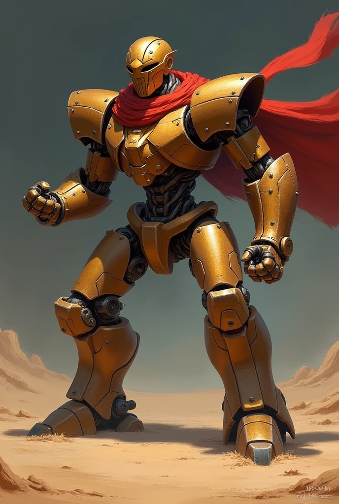 An old Golem fighting robot made of metallic copper and with long limbs, an electrical core and a helmet, in a fighting pose with a clenched fist in a flat dark desert with a red scarf, 2d concept art