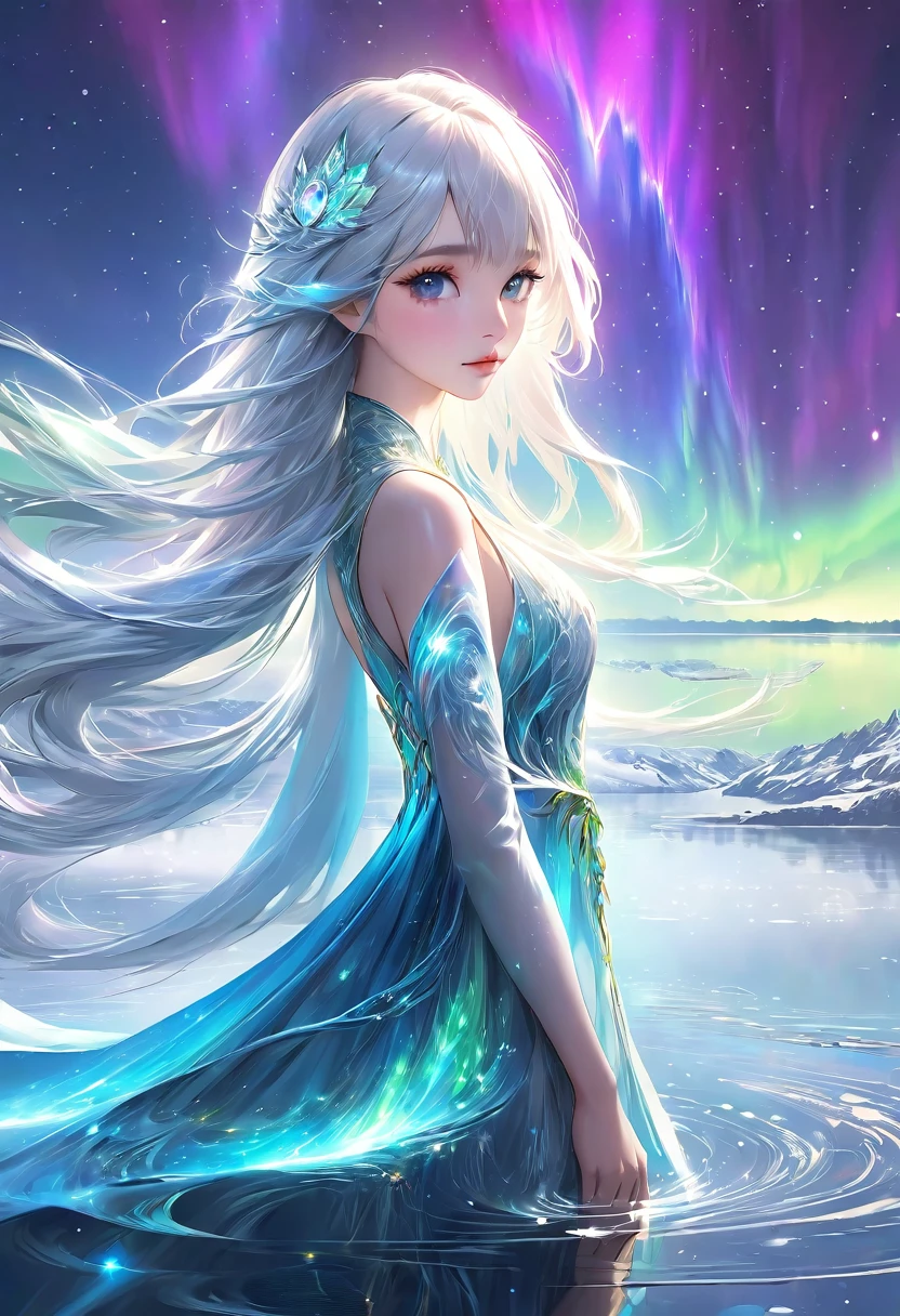 Masterpiece High Resolution Fractal Art A beautiful girl with long white and blue hair standing on a lake with aurora 1 person Fantasy art Fantastic background Korean style eye makeup Mature Shining dress