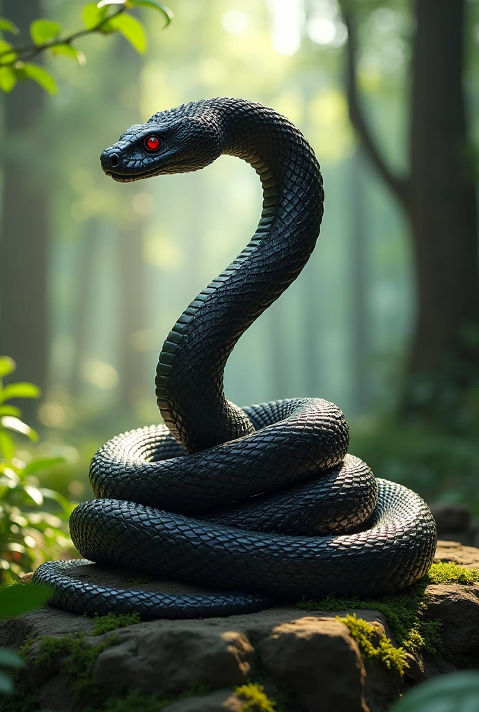 "Prompt": "A graceful black snake coils confidently on a rock in a vibrant forest.. Snake scales glistened under the sunlight., Demonstrating strength and elegance. The body is muscular and slender., It has an upright, raised head to survey its surroundings.. The background has lush green trees., Tall trees, And soft light filtering through the leaves, Emphasizing the elegance and power of the snake in ,There are snake scales that are red diamonds.
