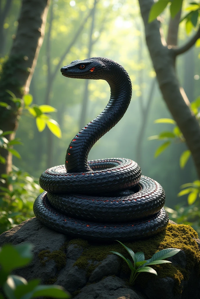 "Prompt": "A graceful black snake coils confidently on a rock in a vibrant forest.. Snake scales glistened under the sunlight., Demonstrating strength and elegance. The body is muscular and slender., It has an upright, raised head to survey its surroundings.. The background has lush green trees., Tall trees, And soft light filtering through the leaves, Emphasizing the elegance and power of the snake in ,There are snake scales that are red diamonds.
