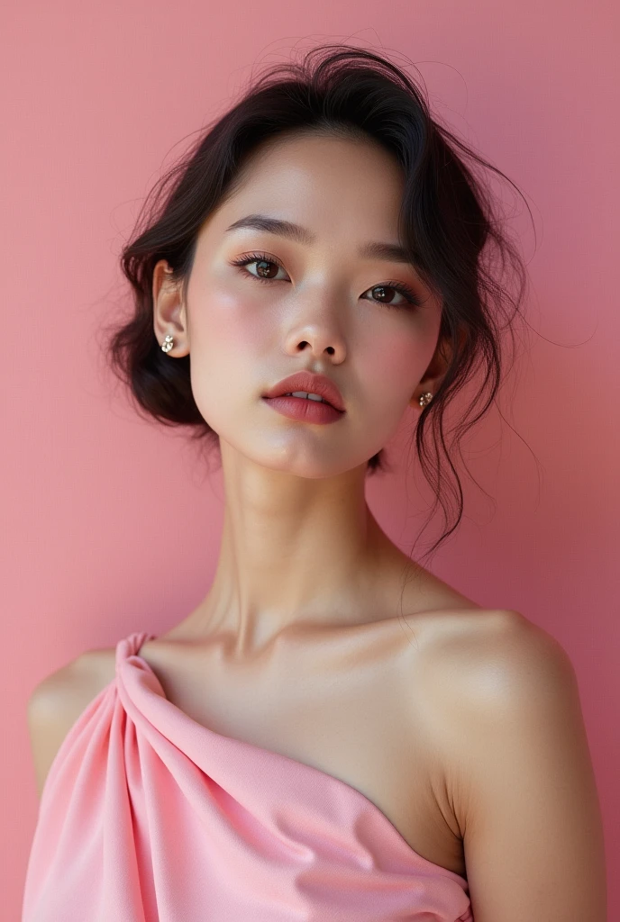 An elegant young woman, beautiful detailed lips, extremely detailed face, pink dress, pink mural wall painting, small thin head, natural skin texture, small round breasts, photorealistic, laser engraved, sharp focus