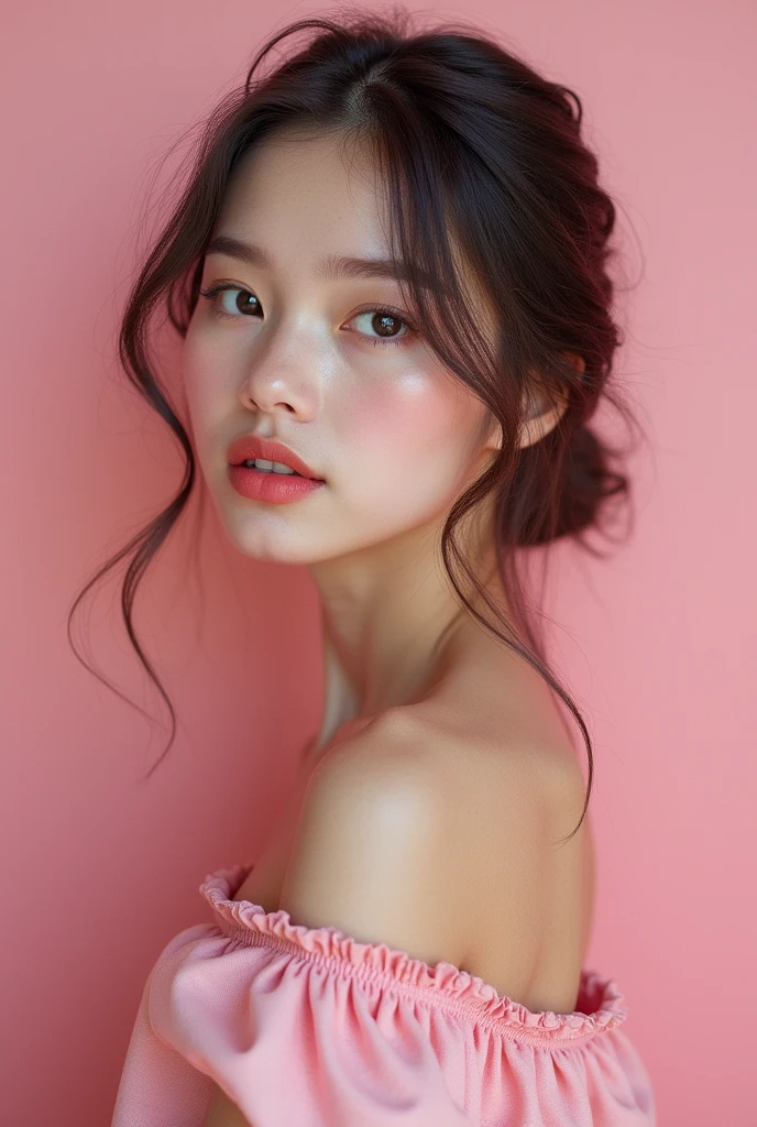 An elegant young woman, beautiful detailed lips, extremely detailed face, pink dress, pink mural wall painting, small thin head, natural skin texture, small round breasts, photorealistic, laser engraved, sharp focus