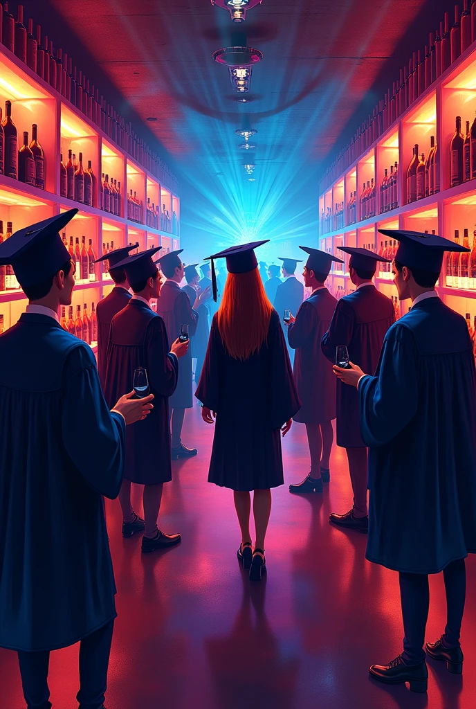 Make a poster of a wine cellar inside a nightclub for an engineering graduation party, that the poster does not have letters, just the image, that the characters are abstract caricatures and that everyone wears a graduation cap, In addition, there is a woman in the middle dressed in a cap and gown.