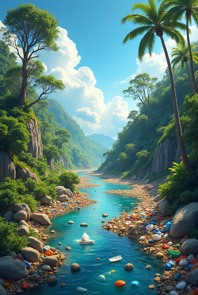 the poster split two side image. On one side, there's a vibrant, healthy with lush greenery, clean rivers, and thriving wildlife. The other side like fully of plastic it's fully desolate and the place fully brown dried tress , with plastic bags littering the ground, choking rivers, and harming animals.