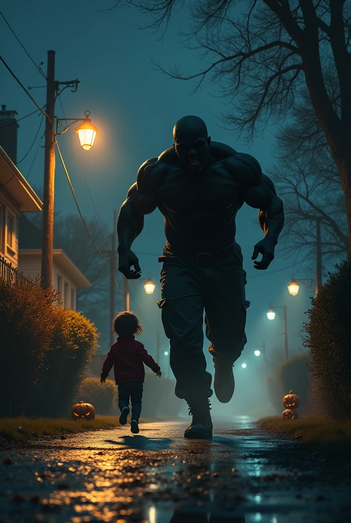 Big black man chasing a kid on halloween without costume