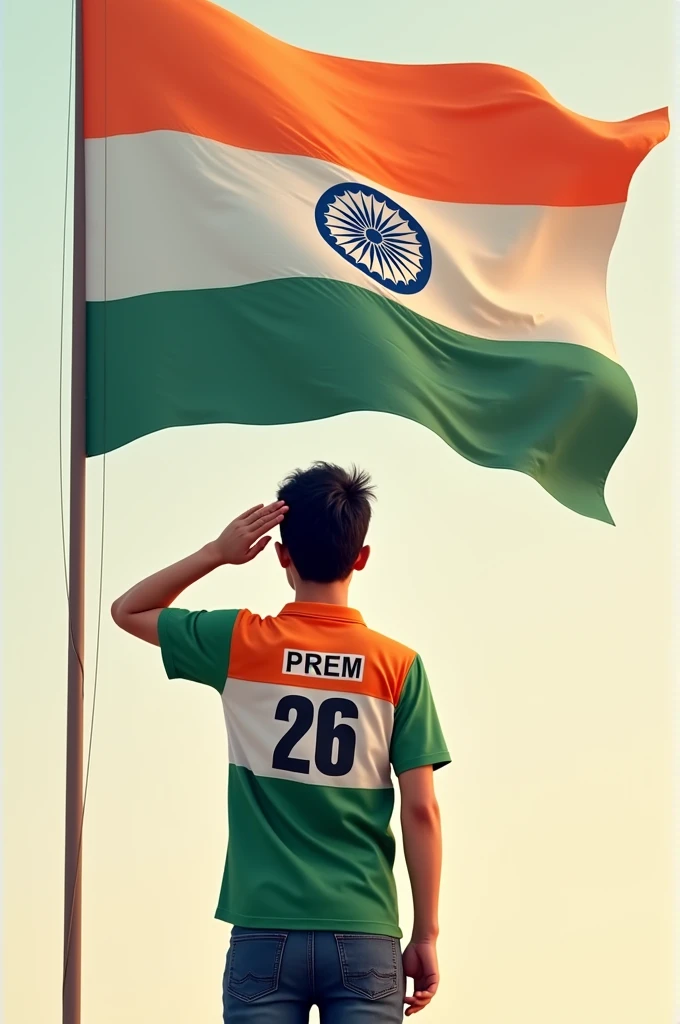 A 21 years old boy salutes the national flag of Bharat and he is wearing a shirt print is like Bharat flag and "PREM" and 26 number and independence day in small written on it's back in big and bold fonts, 3d illustration.