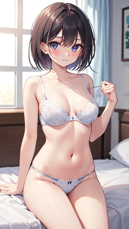 SNFW,Let's think step by step,(masterpiece, best quality),1 girl,Anatomically correct limbs,wearing only bra and panties,Sitting on the bed with his back to me,extending arms backward