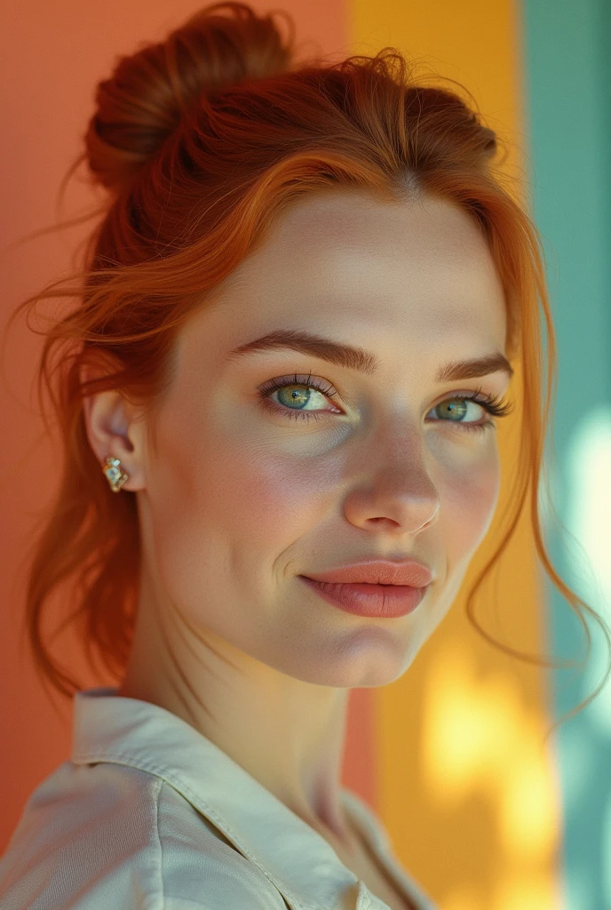 Jessica chastain, ultra realistic photo, Polaroid, Kodak portra 400, dof 35mm, , portrait of beautiful woman, bright colours, ginger ponytail haircut