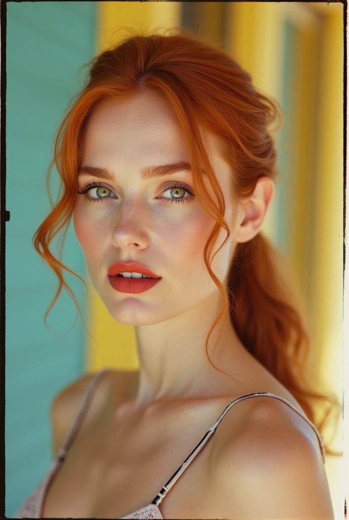 Jessica chastain, ultra realistic photo, Polaroid, Kodak portra 400, dof 35mm, , portrait of beautiful woman, bright colours, ginger ponytail haircut