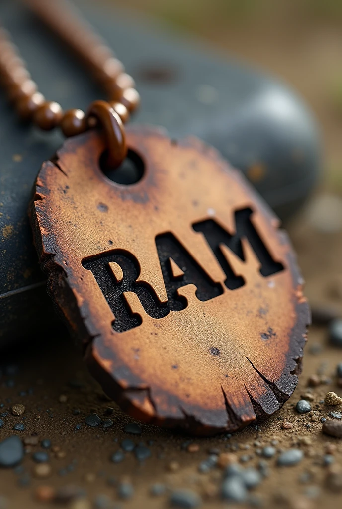 A wooden dog tag named "RAM"