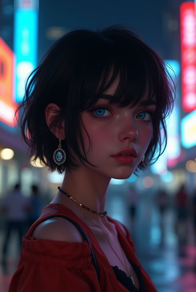 Cute girl retro chill lofi 80s style, with short black hair,blue eyes, earrings, and that it is night in an illuminated city