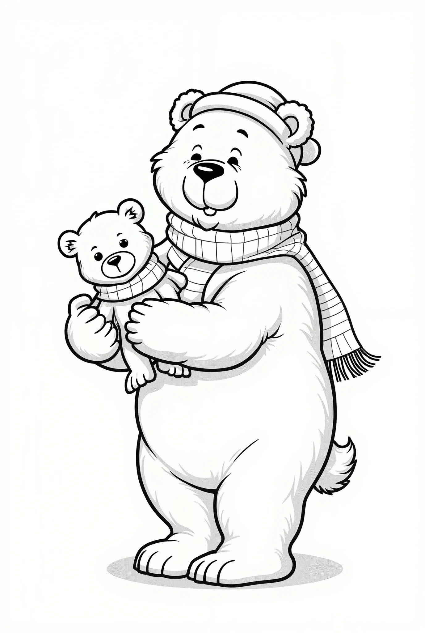 grandpa bear with scarf with stripes of different sizes in hands handing it to little bear, outline illustration for coloring book
