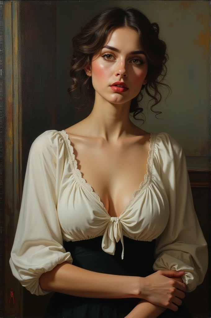 NSFW, oil painting, Victorian era, a woman wearing a white blouse, natural breasts, muted colors, erotic art, pinup, perfect face, sultry expression on face,