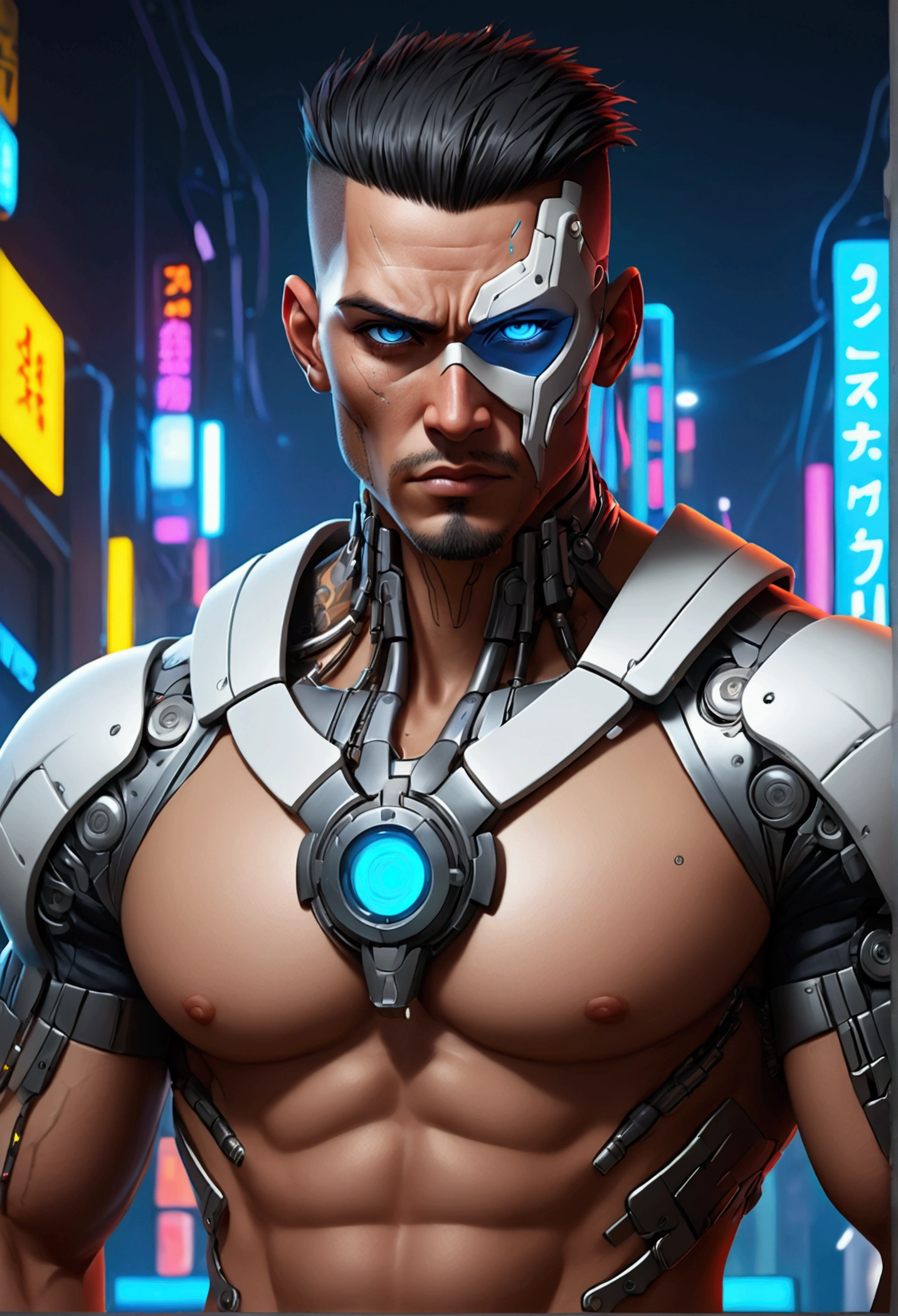 (best quality, Art, animation styling, Full of details), Upper body cut of a man with an Indian warrior feel, A man with a thick facial bone structure, A man with a thick neck and developed trapezius muscles, official anime art illustration, White person with blue eyes, Cartoon of a man wearing a mask on his face, protruding eyes, semi-realistic cyberpunk style, Portrait of a cyberpunk man, cyberpunk art ultrarealistic 8k, cyberpunk style , hyper realist, cyberpunk character, Trends in ArtStation, Complete movie character, Trends in ArtStation 4k, Cyberpunk Cyborg Upper Body, Realistic upper body like a movie, A perfectly realistic cyberpunk hero., inc썩음ibly detailed, 8k, Ultra HD, Art, best quality, very detailed, convoluted, Expressing the upper body, Show me your waist, Cyborg, a machine-to-human ratio, Chest area full of visible machine parts, Machine parts for abs too, All below the neck is mechanical, Attaching machine parts to the face, Strong light emission on waist belt, A brightly lit city background, dark colored machine, full body pose, whole body