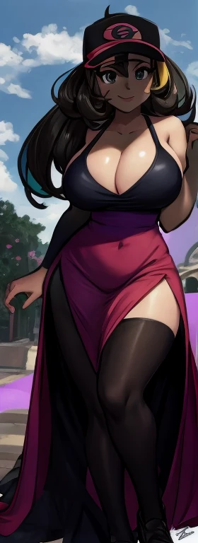 (Pokemon Rosa:1.2), beautiful,masterpiece, (smir),((gigantic breasts)),smile,best quality, cocktail dress outdoors,sunny,(1girl:1.3), wide hips, loose top, teen girl, hyper realistic, bending forward, partially breasts, boob window, Slutty , slutty expression