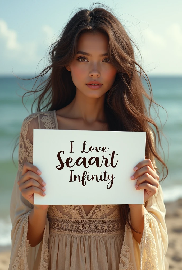 Beautiful girl with wavy long hair, bohemian dress, holding a white board with text "I Love Seaart Infinity" and showing it to the viewer