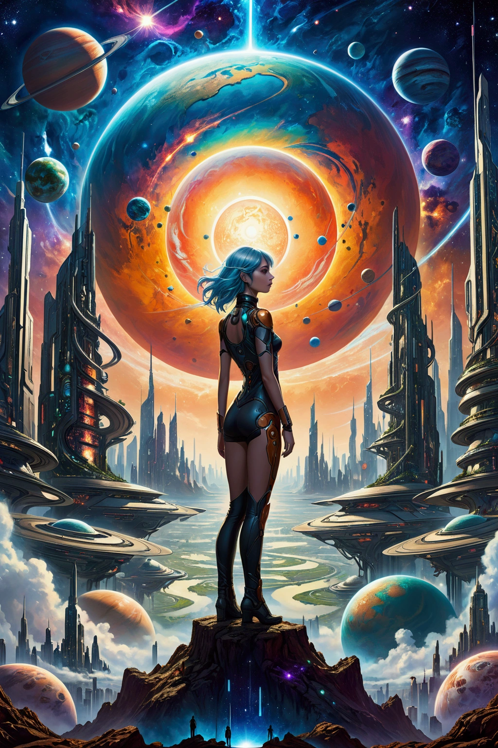 There is a woman standing in front of a painting of a planet, Futuristic city in the background, psytrance artwork, interconnected human life forms, Panoramic view of the girl, progressive rock album cover, dream of the infinite, star dust, Galaxy, rock smoke --ar 16:9-at 5.1