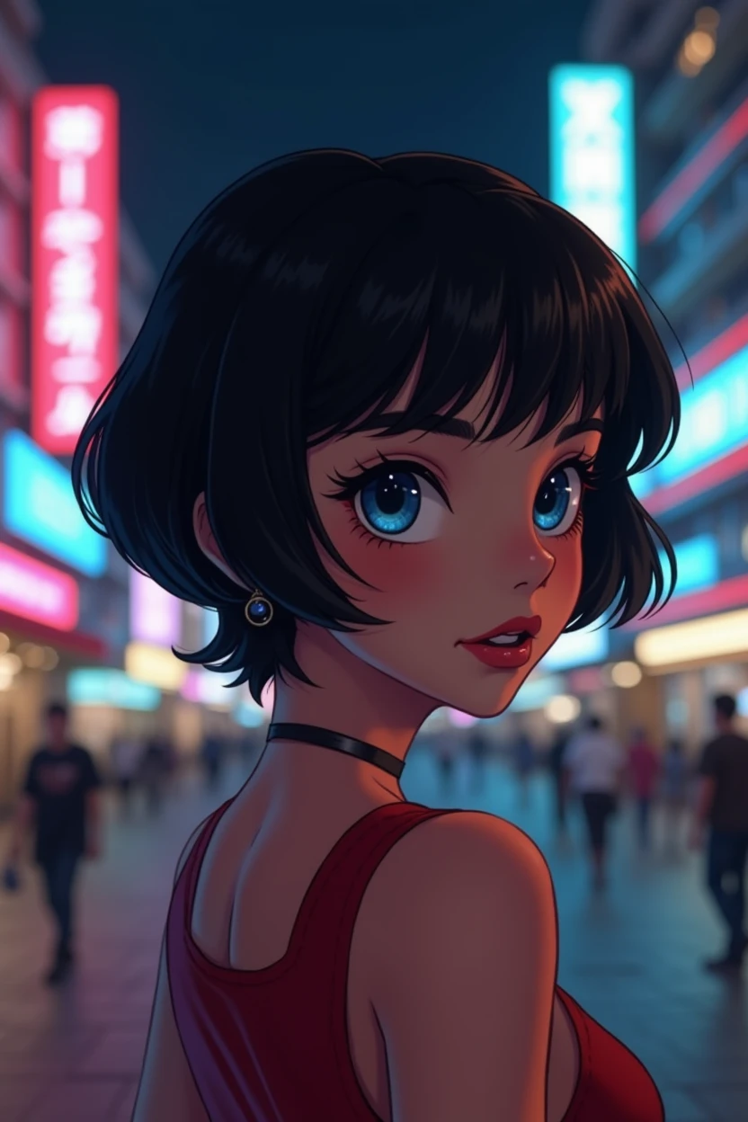 Cute girl retro chill lofi 80s style, with short black hair,blue eyes, earrings, and that it is night in an illuminated city