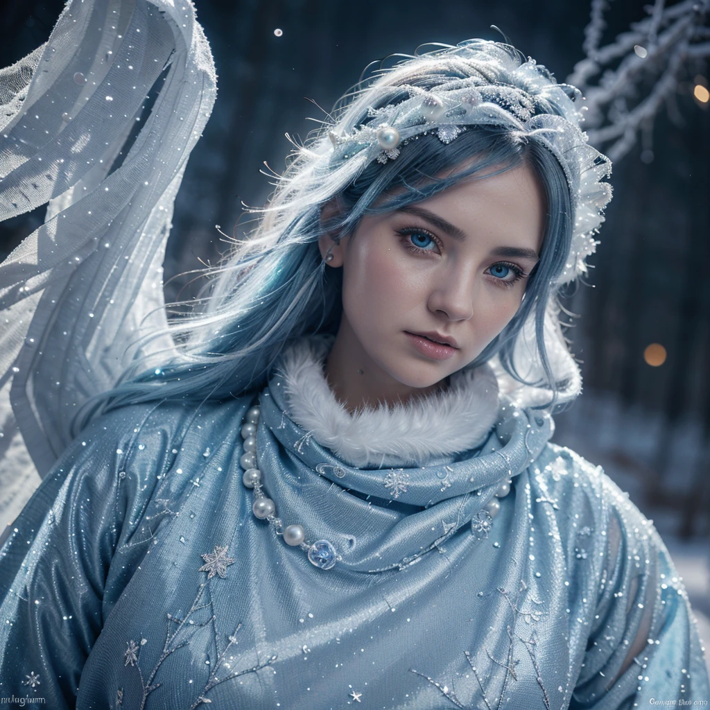 generate a celestial and colorful ice angel. her eyes should be beautifully detailed, extremely detailed, realistic, macro, and bright. her face should be fierce and dynamic. include a highly detailed and beautiful face with realistic eye shading. her clothes are long and flowing and made of silk and lace and pearls. include frosty details such as snow, wind, snowflakes, cold air, and night sky. include phantasmal iridescence, shimmer, glimmer, and bumps, as well as beautiful and intricate fantasy details. this is a magical and high fantasy image. cold, frost, frost on image, frost on camera, frost on figure, intricate snowflakes ((masterpiece)), best quality, high quality, highres, intricate details, portfolio piece, bryan organ, matte, trending on art station, in the style of greg rutkowski, include magical ice creature, use shades of blue, include fur, (dynamic composition), (highly detailed), ornate, ultra detailed, detail enhancements, magical details, fantasy vibes