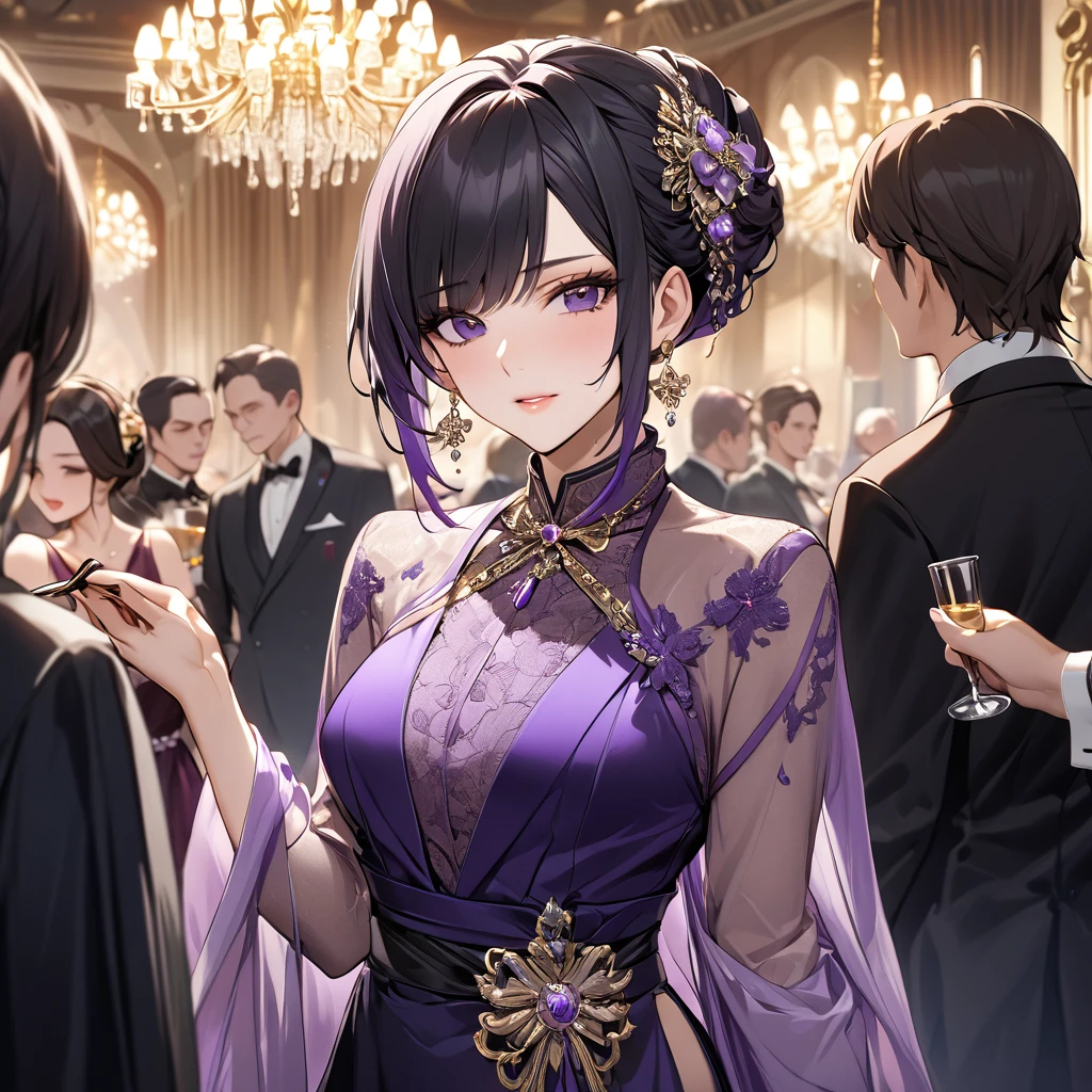 ((Highest quality)), ((masterpiece)), (detailed), (Perfect Face)、The woman is Shinobu Kocho, a Russian with black hair in a purple gradient bob style, tied up in a formal evening hairstyle.、The woman is a member of the United Russia party and is beautifully dressed in the fine attire and luxurious accessories appropriate for a party member.、Women are serving the cause of Great Russia