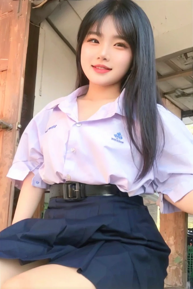 Asian woman in pink shirt and blue skirt standing in grass field, young woman wearing uniform, Thai anime girl, Wear a school uniform, Wear a school uniform, Niwan Chandra, Wear a school uniformญี่ปุ่น, young asian woman, Wearing a headmaster's uniform, Thawan Duchanee, Korean girl, JK uniform, wearing a polo shirt