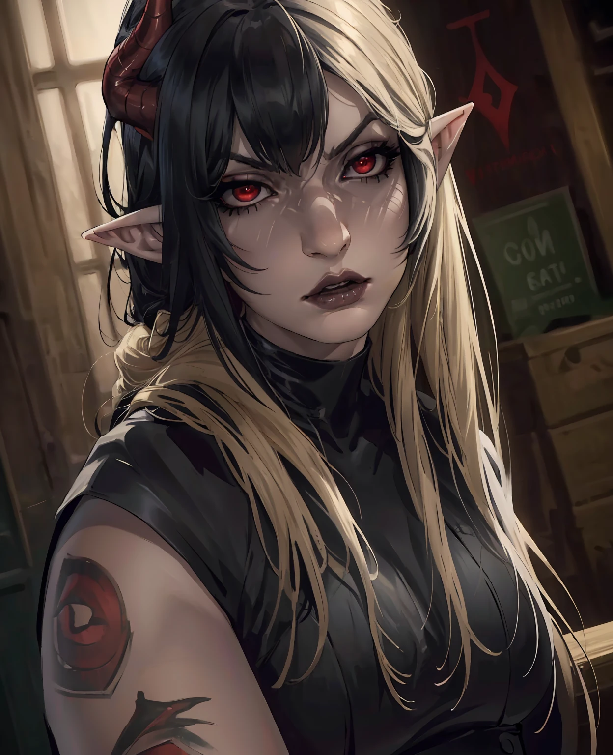 a devilish woman with long black hair,pale skin,red eyes,elf-like costume,dark mysterious setting,(best quality,4k,8k,highres,masterpiece:1.2),ultra-detailed,(realistic,photorealistic,photo-realistic:1.37),dark fantasy,horror,chiaroscuro,dramatic lighting,moody atmosphere,cinematic