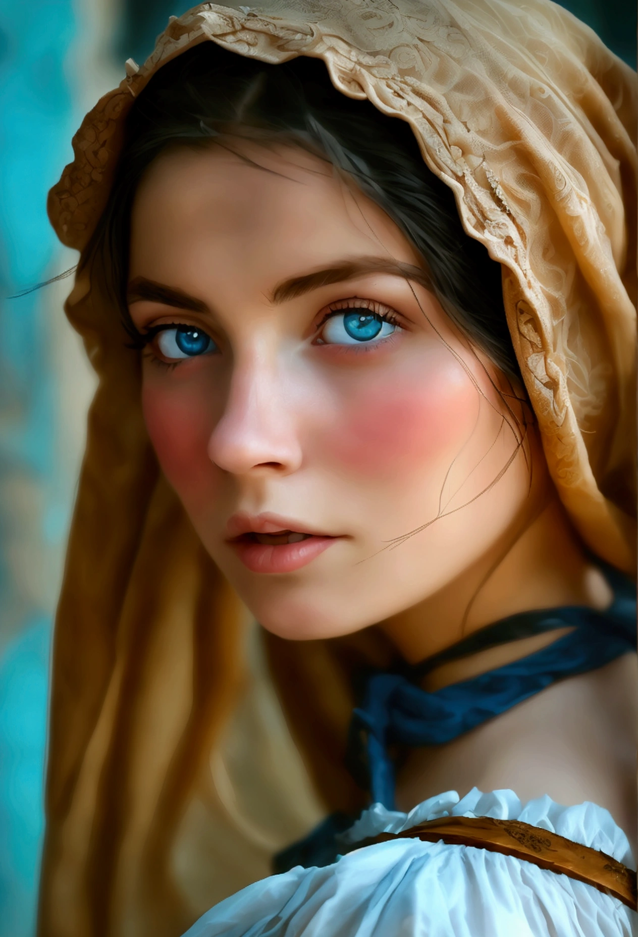 Best Quality, masterpiece, realistic photo, intricate details, raw photo, ultra detailed, old fashioned young woman, with peasant style dress, no necklines, by rubio, perfect detailed blue eyes, walking in an old city, high definition quality, 8k, young woman, 20 years