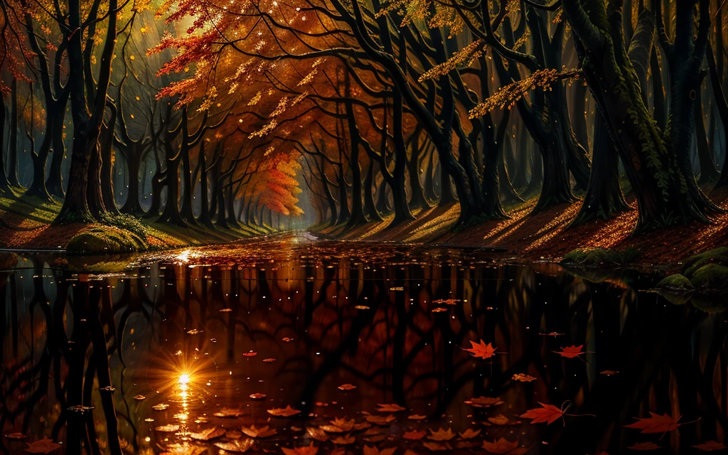 Image of leaves and raindrops, Autumn Forest, Romantic landscape style, Solar Impressionism, painting, Water reflections, high-quality photo,