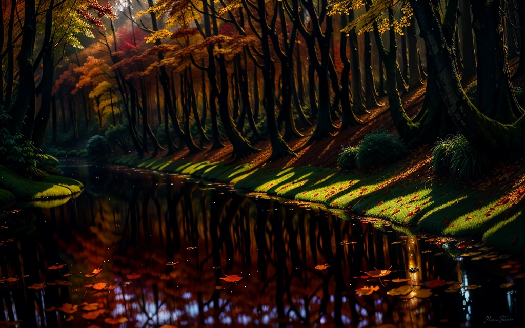 Image of leaves and raindrops, Autumn Forest, Romantic landscape style, Solar Impressionism, painting, Water reflections, high-quality photo,