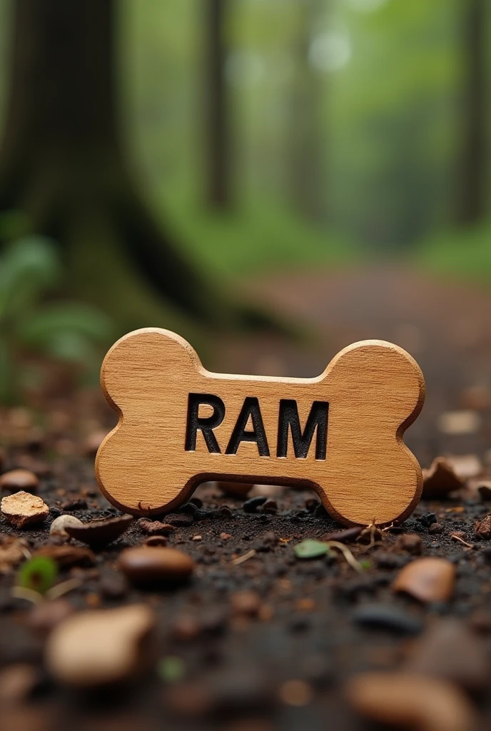 A wooden bone shaped dog tag named "RAM"