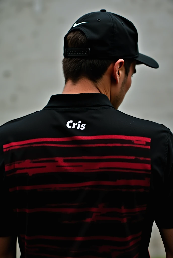 A photo of a man turned away wearing a black shirt with multiple red stripes with the name Cris highlighted on the top of the shirt and wearing a black Nike cap backwards with the symbol highlighted