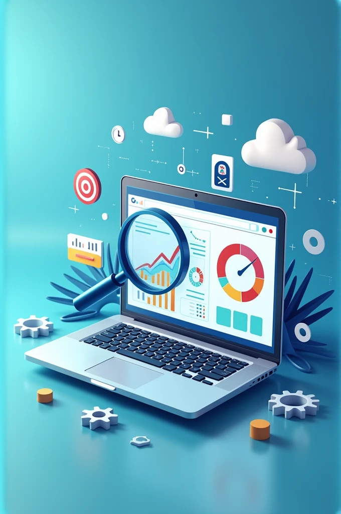 Prompt: "An eye-catching graphic showcasing the concept of an SEO audit, with a professional layout. The image should feature a laptop displaying website analytics with charts, graphs, and a magnifying glass hovering over the screen, symbolizing in-depth analysis. The background should have subtle digital marketing icons like gears, keywords, and search engine symbols, giving a modern, clean, and tech-savvy vibe. The colors should be professional and vibrant, primarily using blue, green, and white tones."