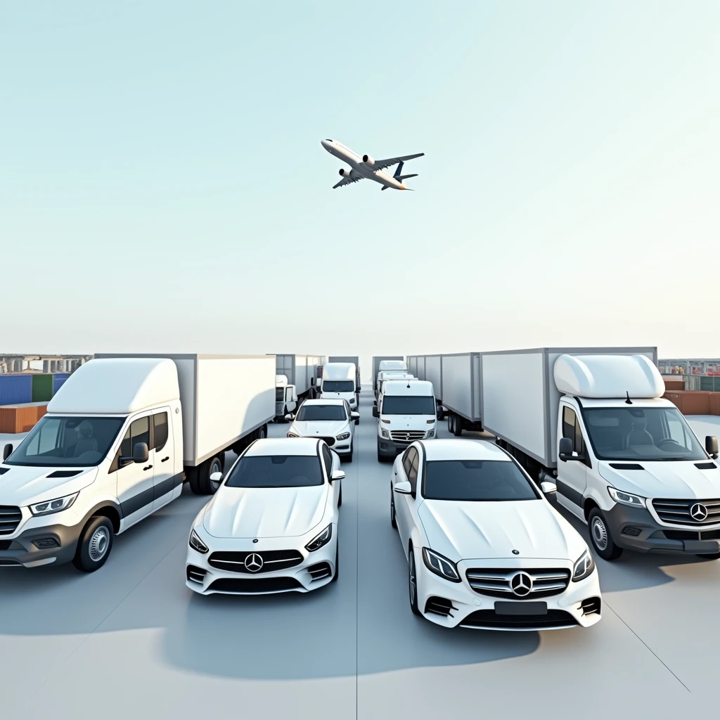 Hyper realistic image of five different type of cars and logistics trucks, colored white, parked side by side and viewed from afar on ground level, cargo shipment behind them and one plane flying overhead