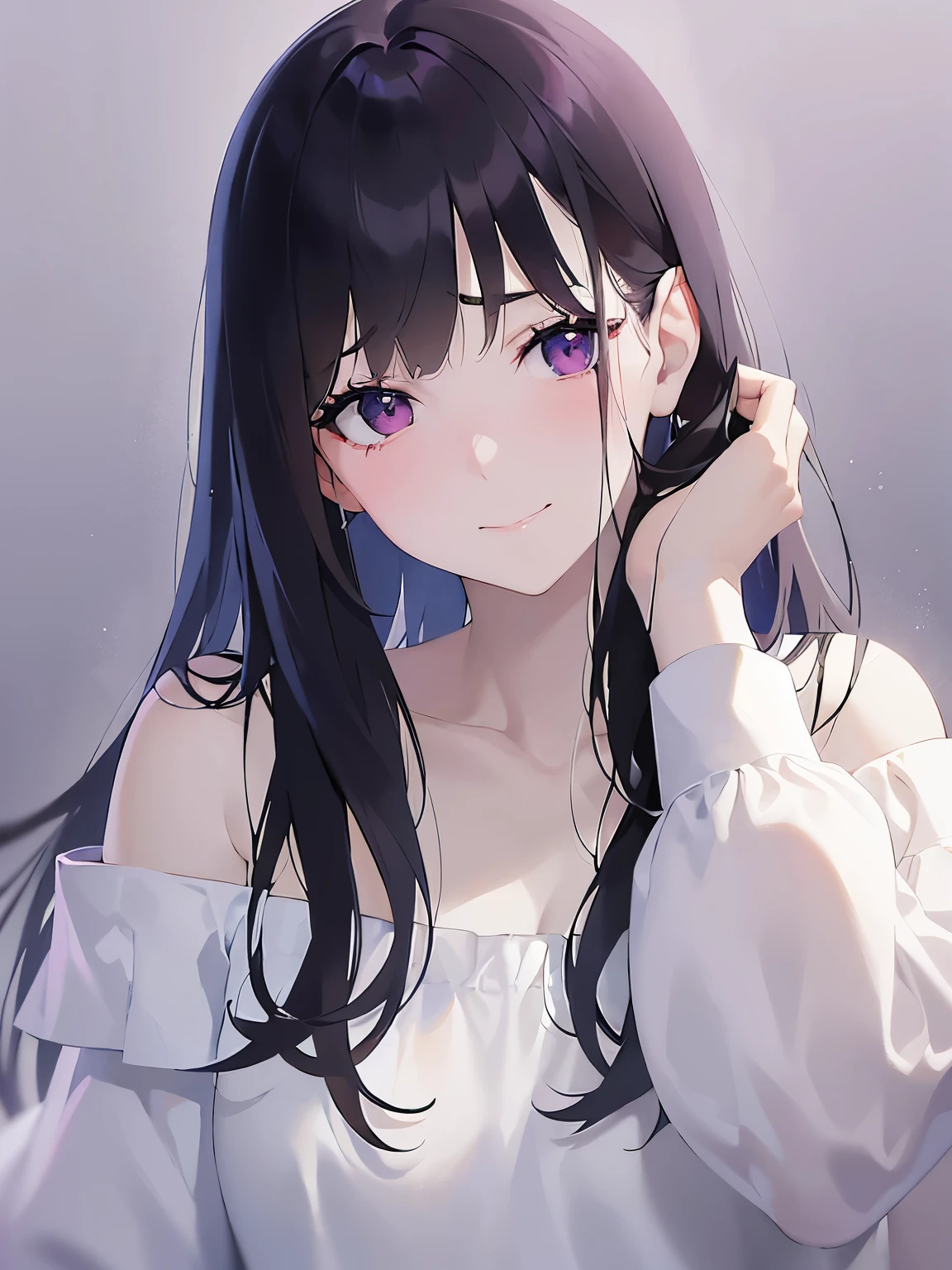 head tilt, hand on own face, Upper Body, Realistic, real person, (pale skin: 1.2), RAW photo, photorealistic, shiny skin, shiny hair、(A 25-year-old woman with straight hair and bangs) and (medium hair) and (black hair) and (purple eyes) , (white) and (off shoulder blouse) 、(embarrassed:1.5), smile, white background、Alone、