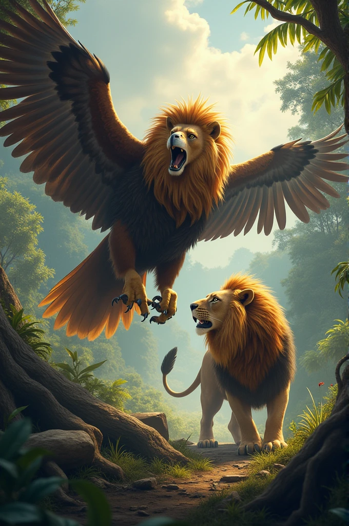 create an image of Lion and Philippine eagle 
