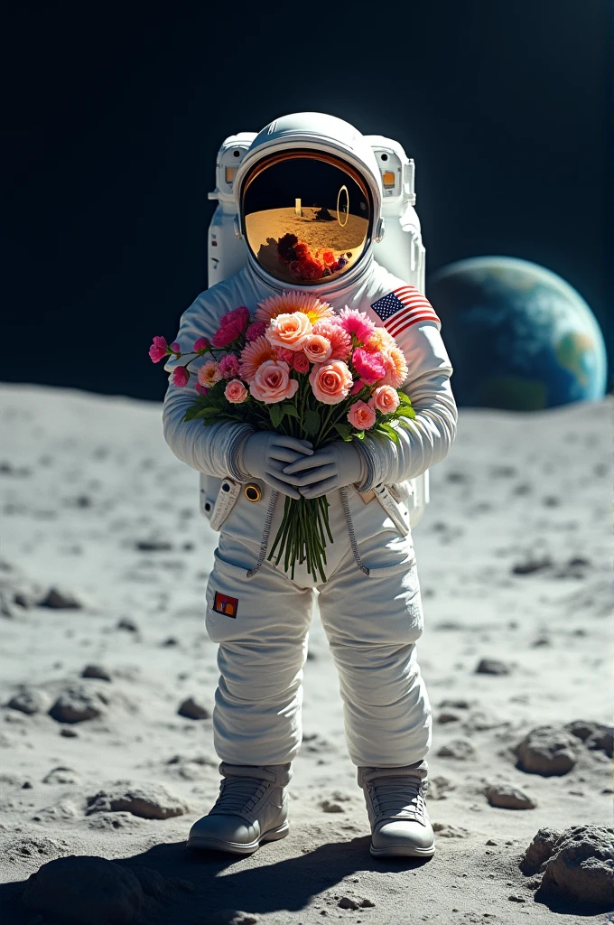 An astronaut holding flowers on the moon
