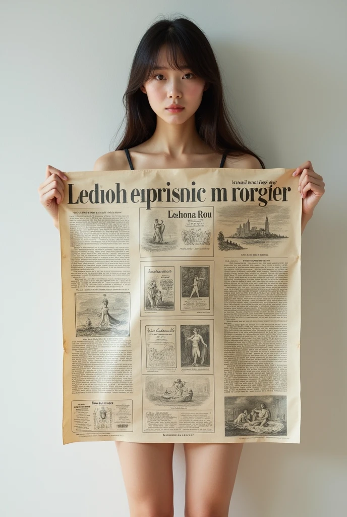 realistic photo, detailed photo, 1 girl, look at the viewer:1.1, ( large poster stand in front of the girl, large poster has words sentences and design drawing on it, large poster cover the bare body of girl,)