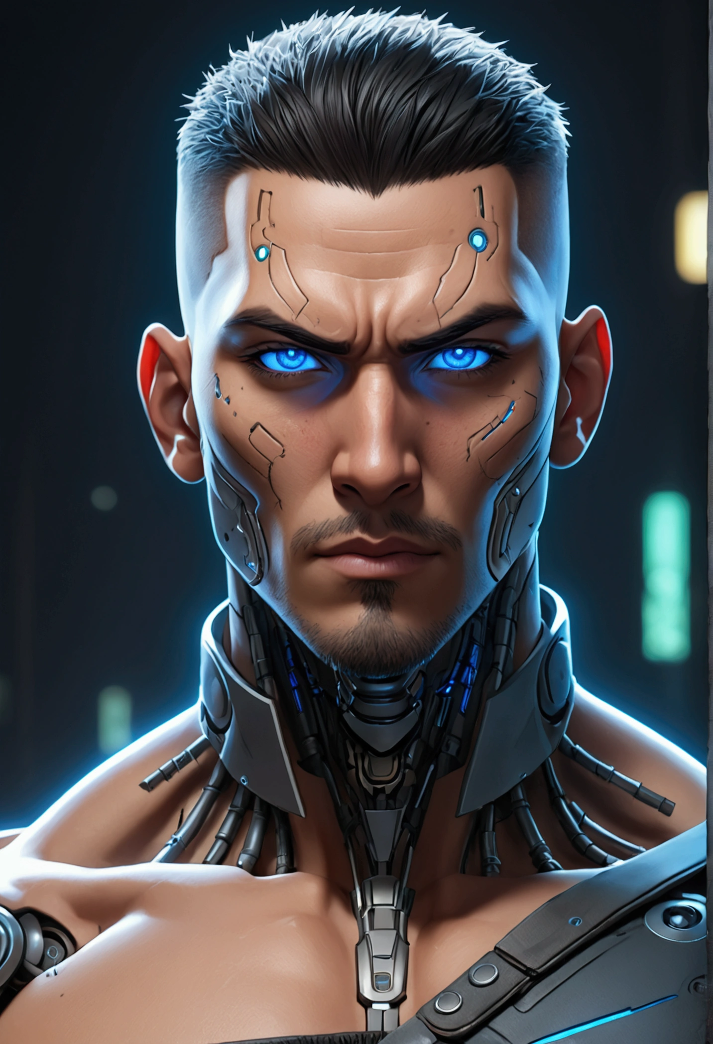 (best quality, Art, animation styling, Full of details), Upper body cut of a man with an Indian warrior feel, A man with a thick facial bone structure, A man with a thick neck and developed trapezius muscles, official anime art illustration, White person with blue eyes, Cartoon of a man wearing a mask on his face, protruding eyes, semi-realistic cyberpunk style, Portrait of a cyberpunk man, cyberpunk art ultrarealistic 8k, cyberpunk style , hyper realist, cyberpunk character, Trends in ArtStation, Complete movie character, Trends in ArtStation 4k, Cyberpunk Cyborg Upper Body, Realistic upper body like a movie, A perfectly realistic cyberpunk hero., inc썩음ibly detailed, 8k, Ultra HD, Art, best quality, very detailed, convoluted, Expressing the upper body, Show me your waist, Cyborg, a machine-to-human ratio, Chest area full of visible machine parts, Machine parts for abs too, All below the neck is mechanical, Attaching machine parts to the face, Strong light emission on waist belt, A brightly lit city background, dark colored machine, full body pose, whole body