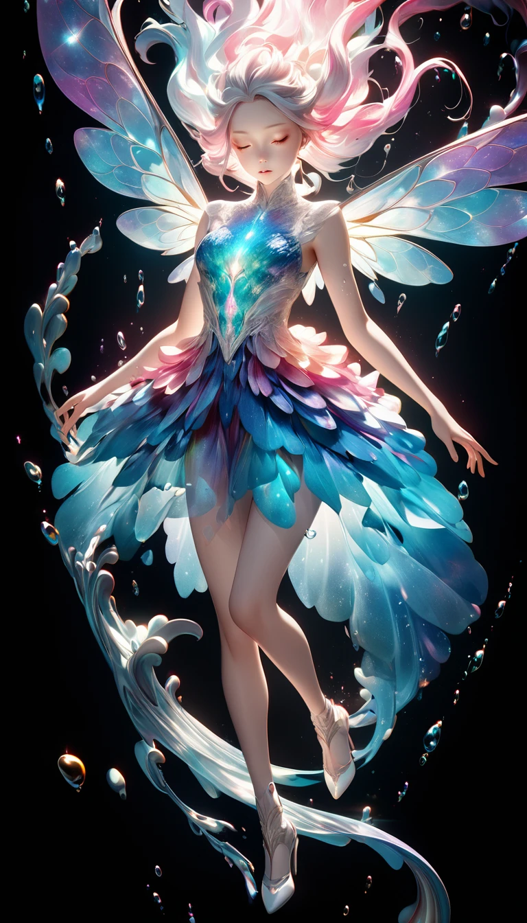 A girl, full body, unreal, created by Alberto Seveso, ethereal, featuring an optical illusion, mystical, luminous, with twinkling lights, surreal, showcasing 3D fractals, high resolution, sharp details, soft, with a dreamy glow, translucent, water drops, in 8k resolution, resembling a nebula, beautiful, with a broken glass effect, without a background, stunning, representing something that doesn't even exist, a mythical being exuding energy, textures, iridescent and luminescent scales, breathtaking beauty, pure perfection, with a divine presence, unforgettable, and impressive.
