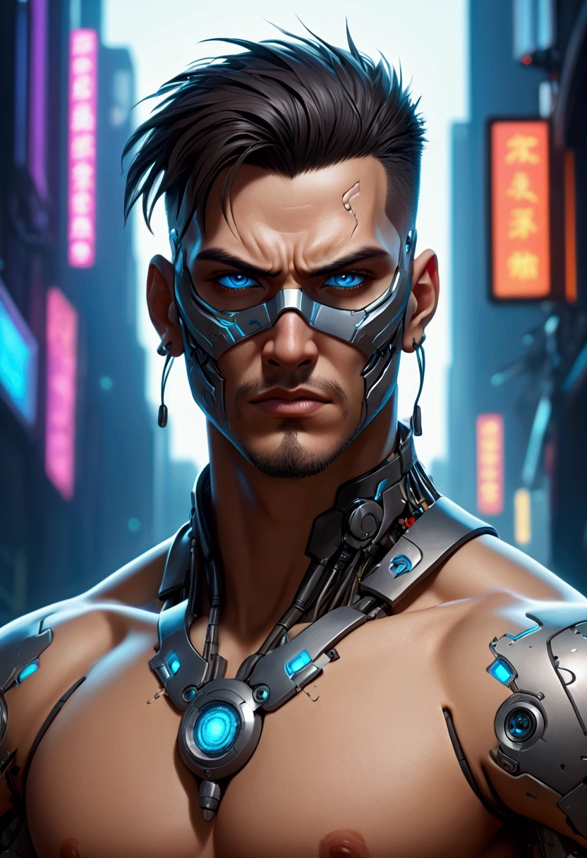 (best quality, Art, animation styling, Full of details), Upper body cut of a man with an Indian warrior feel, A man with a thick facial bone structure, A man with a thick neck and developed trapezius muscles, official anime art illustration, White person with blue eyes, Cartoon of a man wearing a mask on his face, protruding eyes, semi-realistic cyberpunk style, Portrait of a cyberpunk man, cyberpunk art ultrarealistic 8k, cyberpunk style , hyper realist, cyberpunk character, Trends in ArtStation, Complete movie character, Trends in ArtStation 4k, Cyberpunk Cyborg Upper Body, Realistic upper body like a movie, A perfectly realistic cyberpunk hero., inc썩음ibly detailed, 8k, Ultra HD, Art, best quality, very detailed, convoluted, Expressing the upper body, Show me your waist, Cyborg, a machine-to-human ratio, Chest area full of visible machine parts, Machine parts for abs too, All below the neck is mechanical, Attaching machine parts to the face, Strong light emission on waist belt, A brightly lit city background, dark colored machine, full body pose, whole body