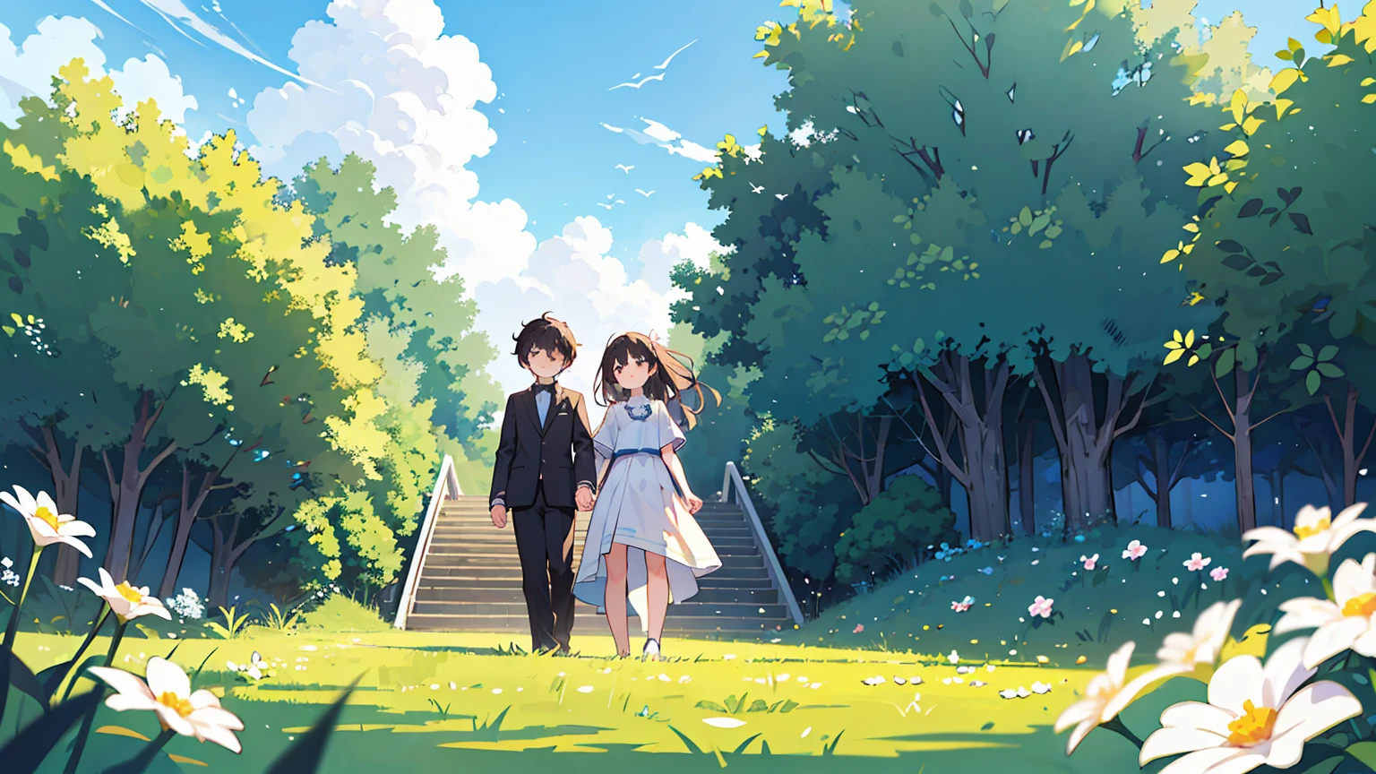 (걸작, 최고의 품질),케릭터는 상체,Create an image of a couple holding hands, walking up a set of stairs towards a beautiful blue sky with fluffy clouds. The scene conveys a sense of romance and connection, integrated into the sky as if part of the cloudscape. The ground is covered with lush green grass and dotted with white flowers, enhancing the dreamy and serene atmosphere. 
